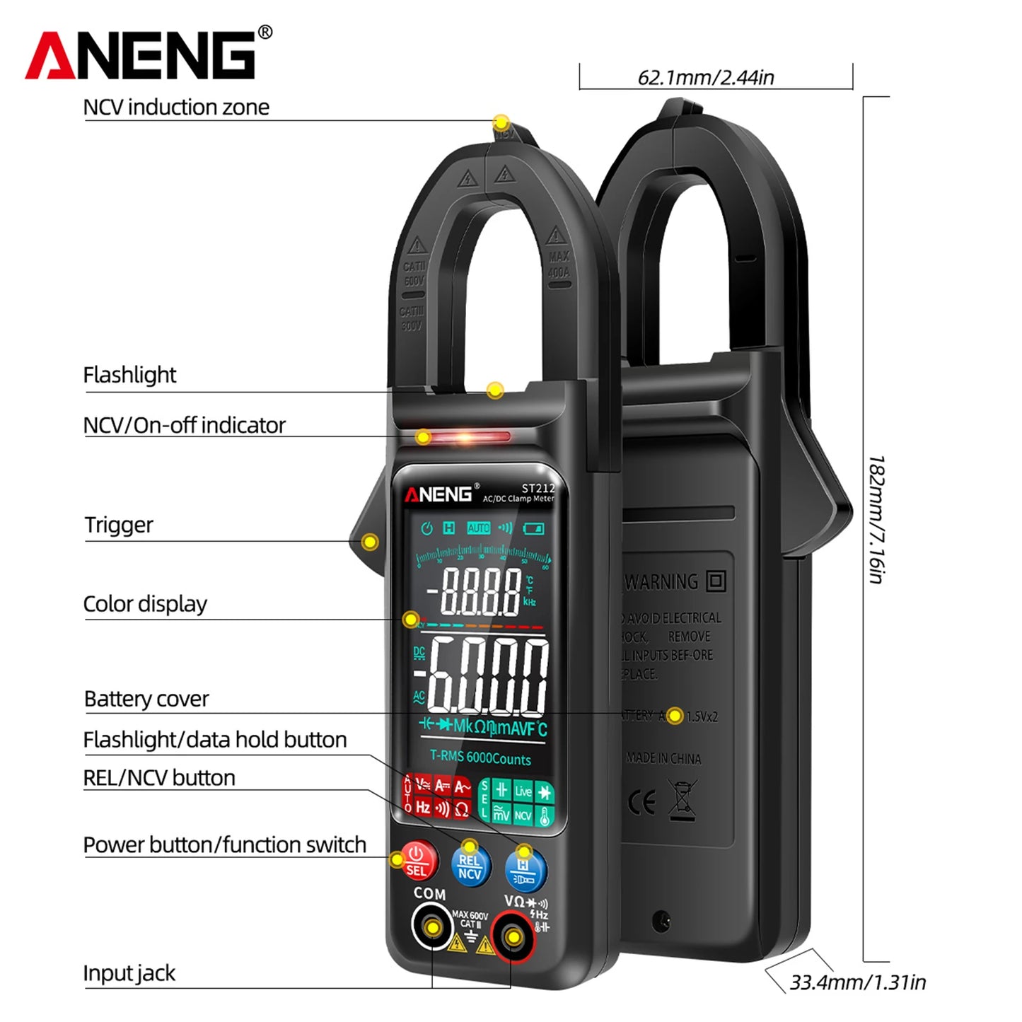 ANENG Alicate Amperimetro e Multímetro Digital Inteligente totalmente automático anti-queima 6000 Contagens Smart AC & Voltímetro DC 400A